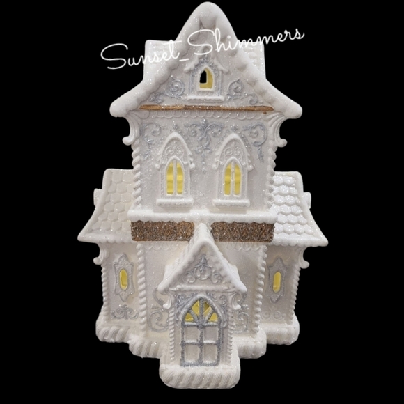 14" White Glitter Icing Scrollwork LED Lighted Victorian Gingerbread House New - Picture 7 of 10